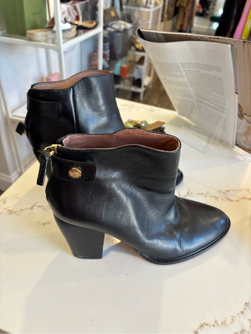 Louise et Cie Black Leather Ankle Booties with Gold Accent